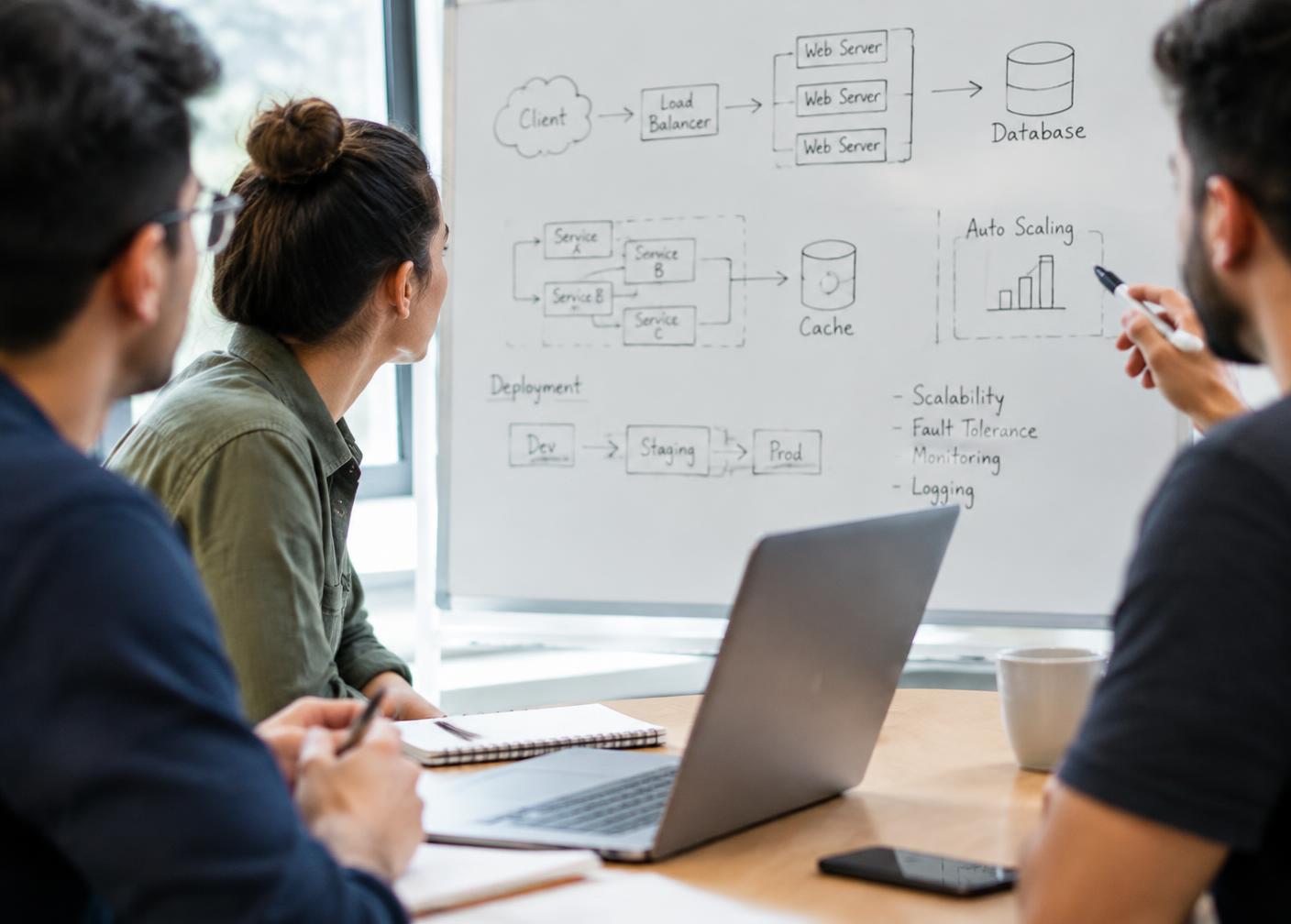 Engineers discussing a system architecture diagram on a whiteboard